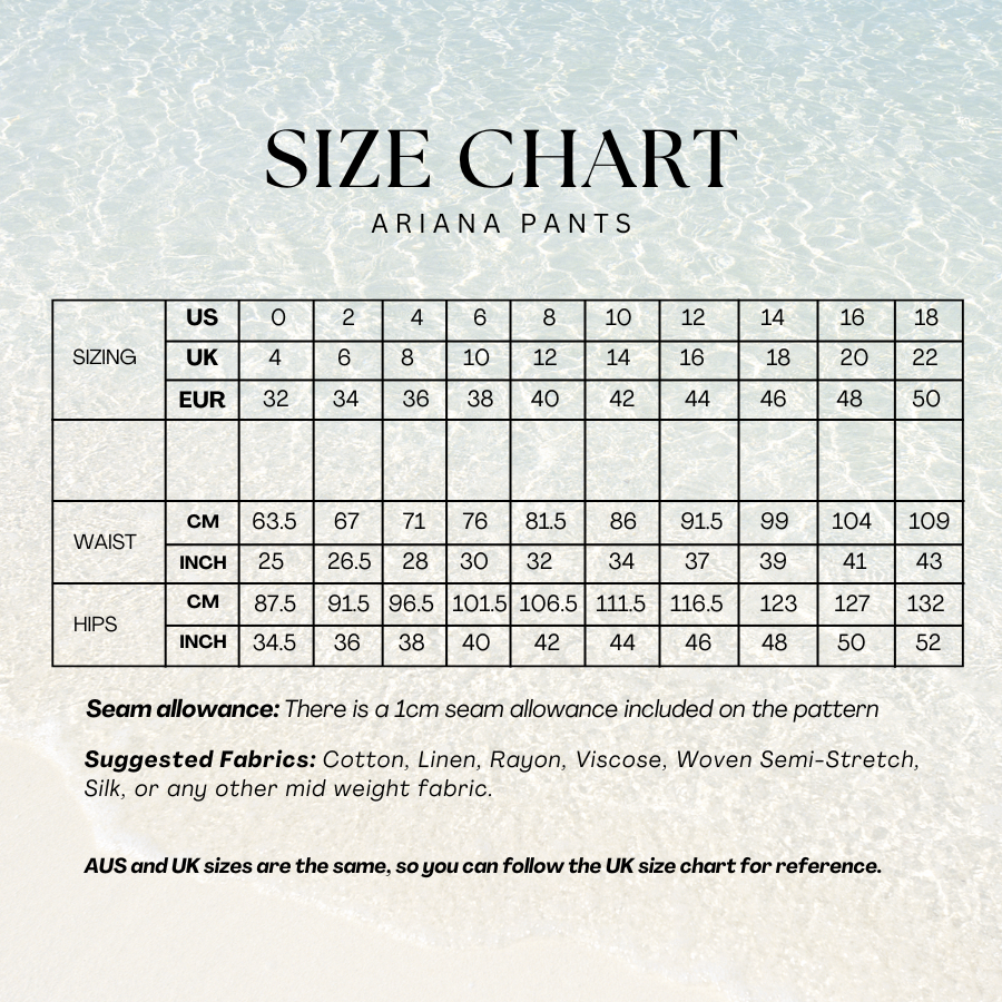 Size chart for the Ariana Pants sewing pattern with US sizes 0–18, waist, and hip measurements in cm and inches, and UK and EUR equivalents.