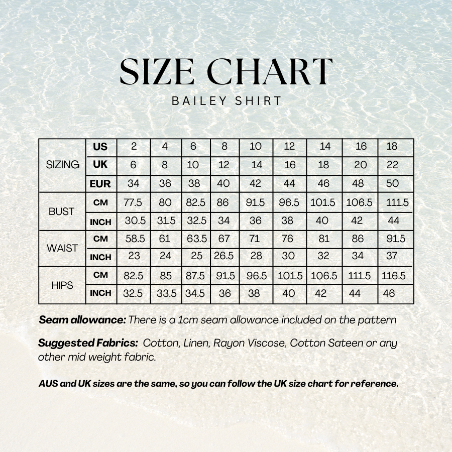 Size chart for the Bailey Shirt sewing pattern with US sizes 2–18, bust, waist, and hip measurements in cm and inches, and UK and EUR equivalents.