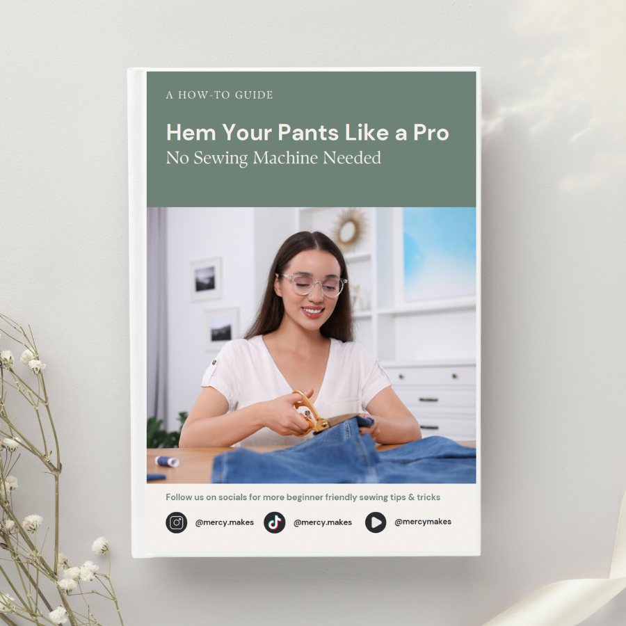 Mercy Makes sewing guide cover – Hem Your Pants Like a Pro, featuring woman cutting denim by hand.