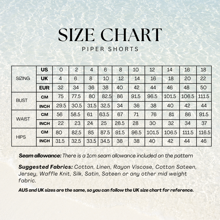 Size chart for the Piper Shorts sewing pattern with US sizes 0–18, bust, waist, and hip measurements in cm and inches, and UK and EUR equivalents.