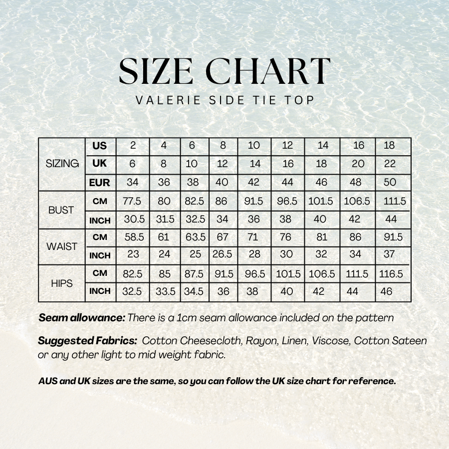 Size chart for the Valerie Top sewing pattern with US sizes 2–18, bust, waist, and hip measurements in cm and inches, and UK and EUR equivalents.